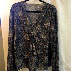 J Jill Gray V-Neck Floral Stretchy Top Sz XL